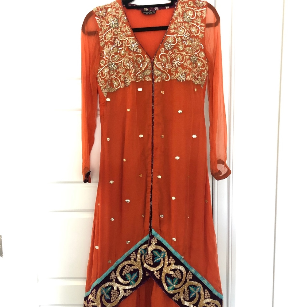 Southasian Partywear- Orange Long Gown, w/Churidar